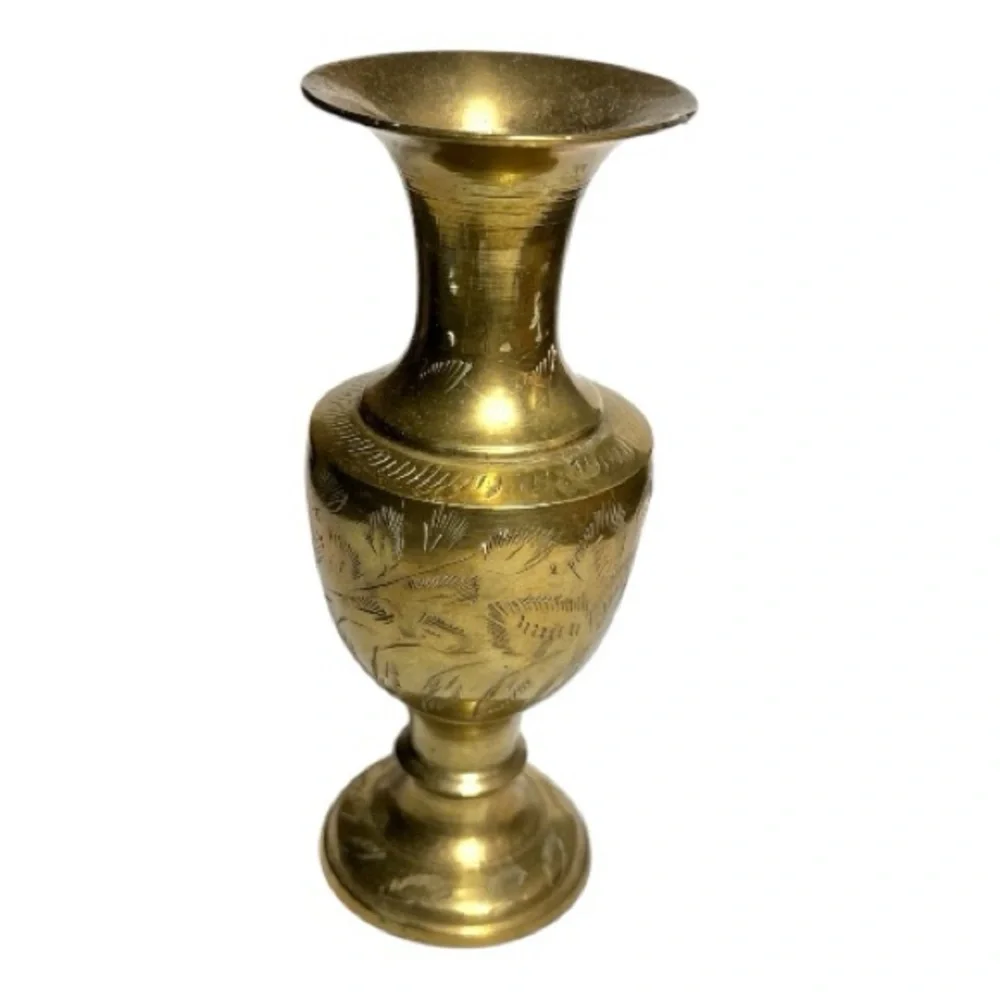 Vintage Solid Brass Bud Vase Etched Floral Design 5 1/2